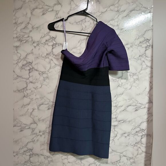 Herve Leger One-shoulder Tri-Colour Block Bandage Dress Size L - Picture 5 of 11